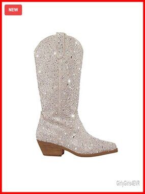 Western Rhinestone Cowgirl Boots Pointed Toe Block Heel Mid Calf Sparkly